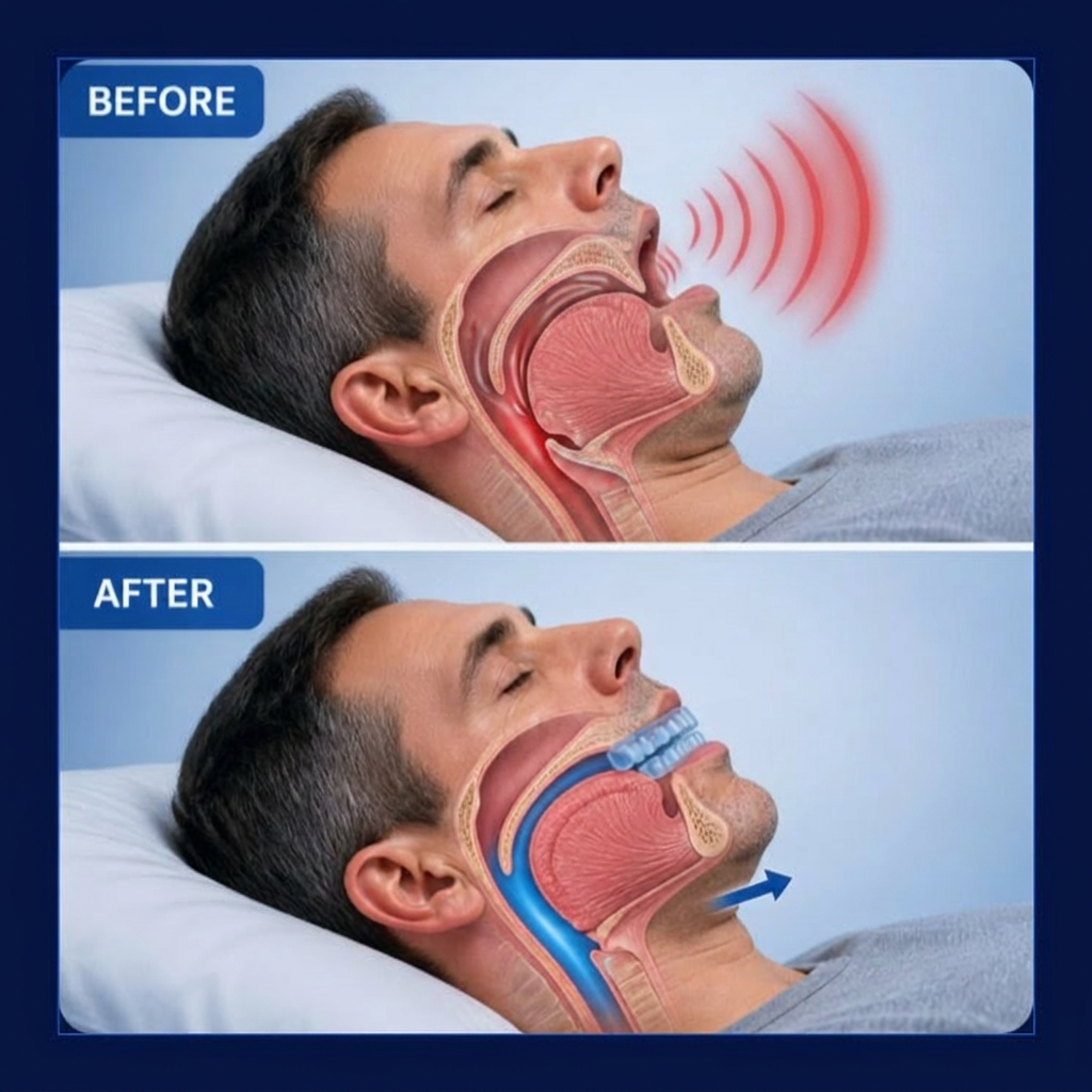 Before and after diagram showing how Honex Pro advances the lower jaw to open the airway and reduce snoring