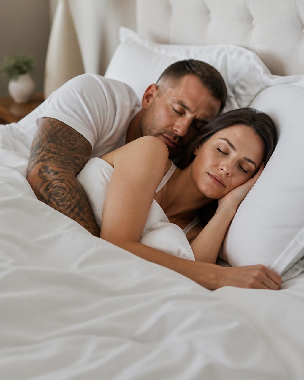 Couple sleeping peacefully together in white bedding